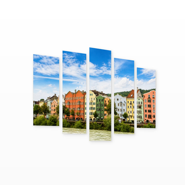 Colorful Buildings in Western Austria in Serene Light — five-panel wall art on white background in perspective | 5wallart 55797 M1