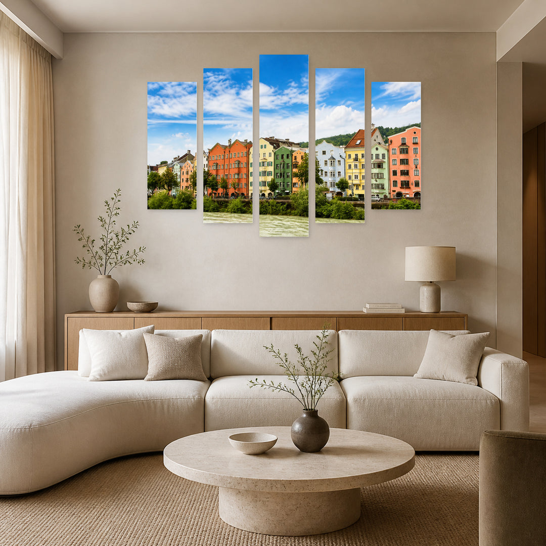 Colorful Buildings in Western Austria in Serene Light — five-panel wall art in frontal interior | 5wallart 55797 M3