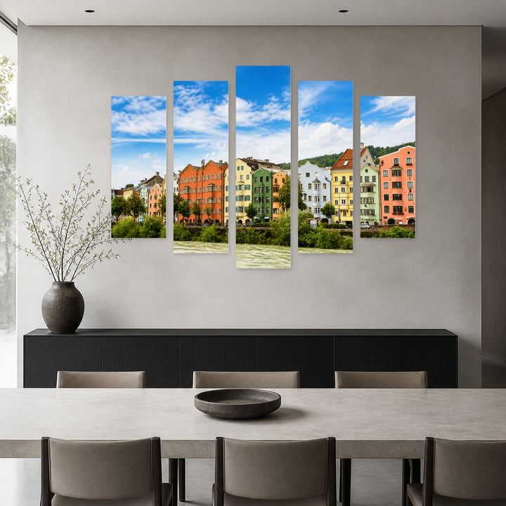 Colorful Buildings in Western Austria in Serene Light — five-panel wall art in alternate frontal interior | 5wallart 55797 M4