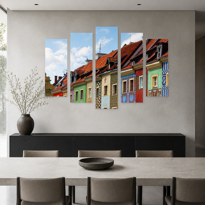 Colorful Architecture in Poznan with Geometric Rhythm — five-panel wall art in frontal interior | 5wallart 55798 M3