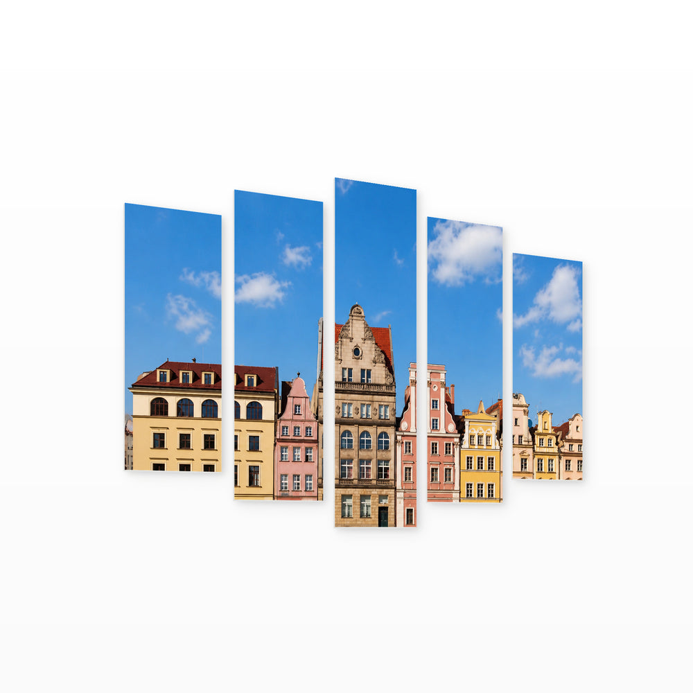 Colorful Facades of an Ancient Building — five-panel wall art on white background in perspective | 5wallart 55799 M1