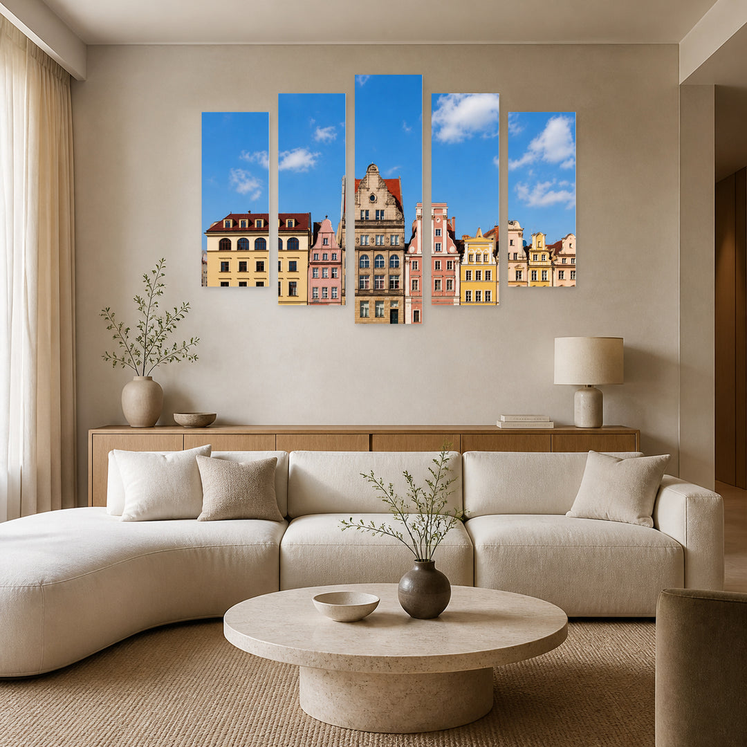 Colorful Facades of an Ancient Building — five-panel wall art in frontal interior | 5wallart 55799 M3