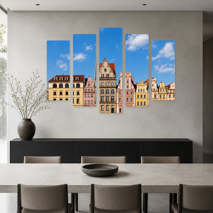 Colorful Facades of an Ancient Building — five-panel wall art in alternate frontal interior | 5wallart 55799 M4