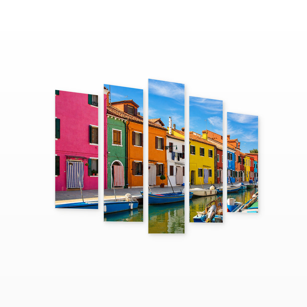Houses by the Canal in Blue and Gold — five-panel wall art on white background in perspective | 5wallart 55800 M1