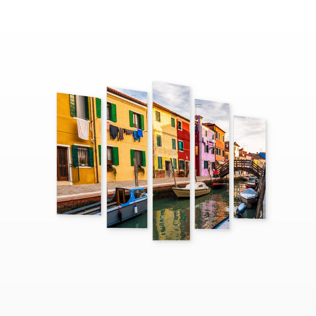 Colorful Buildings in Burano with Dramatic Contrast — five-panel wall art on white background in perspective | 5wallart 55801 M1