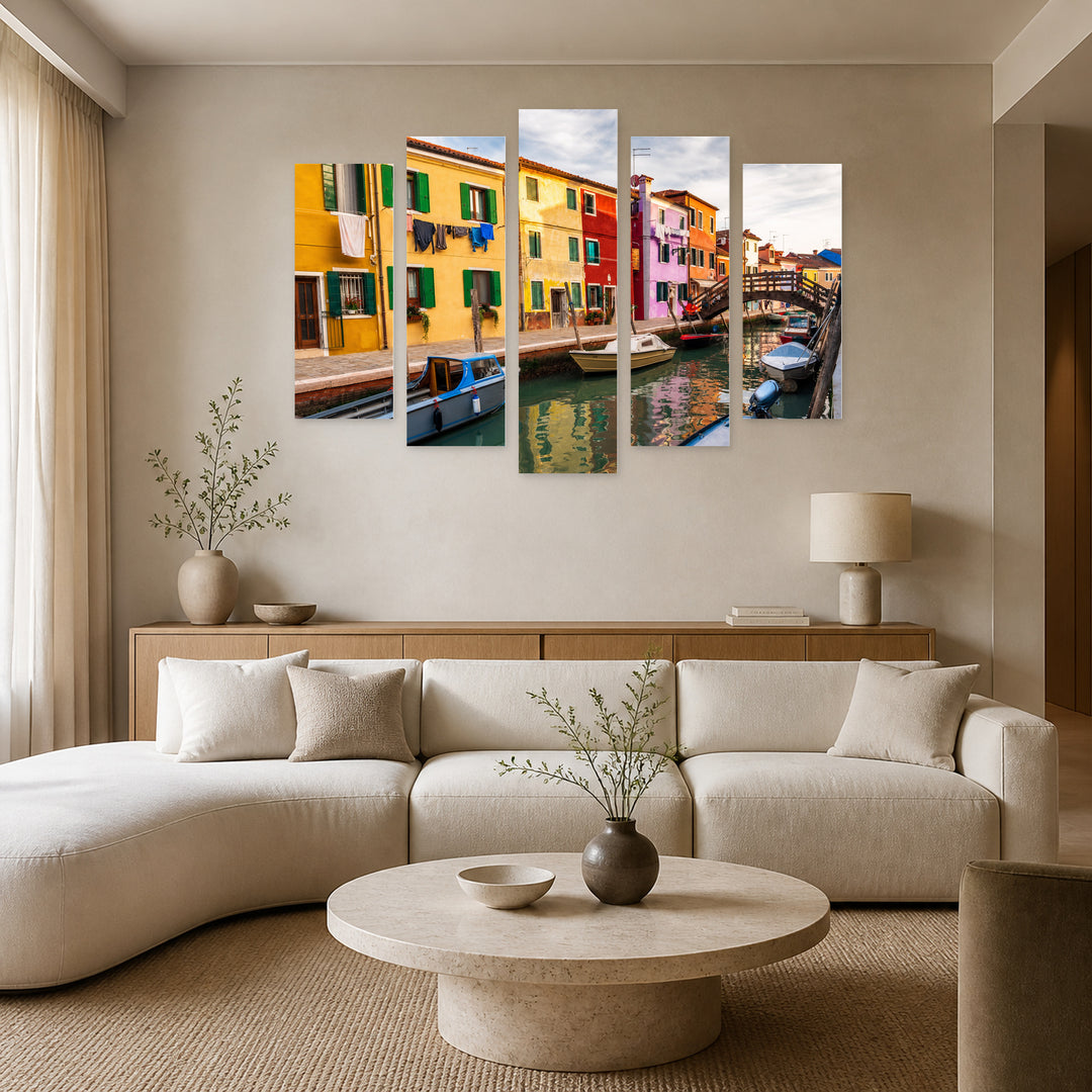 Colorful Buildings in Burano with Dramatic Contrast — five-panel wall art in frontal interior | 5wallart 55801 M3