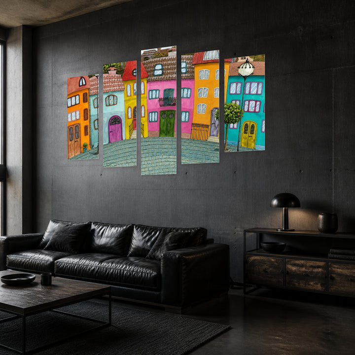 Illustrated Street in Blue and Gold — five-panel wall art in perspective interior | 5wallart 55802 M2