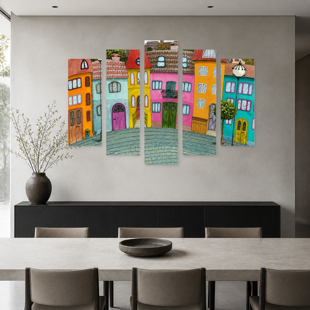 Illustrated Street in Blue and Gold — five-panel wall art in frontal interior | 5wallart 55802 M3