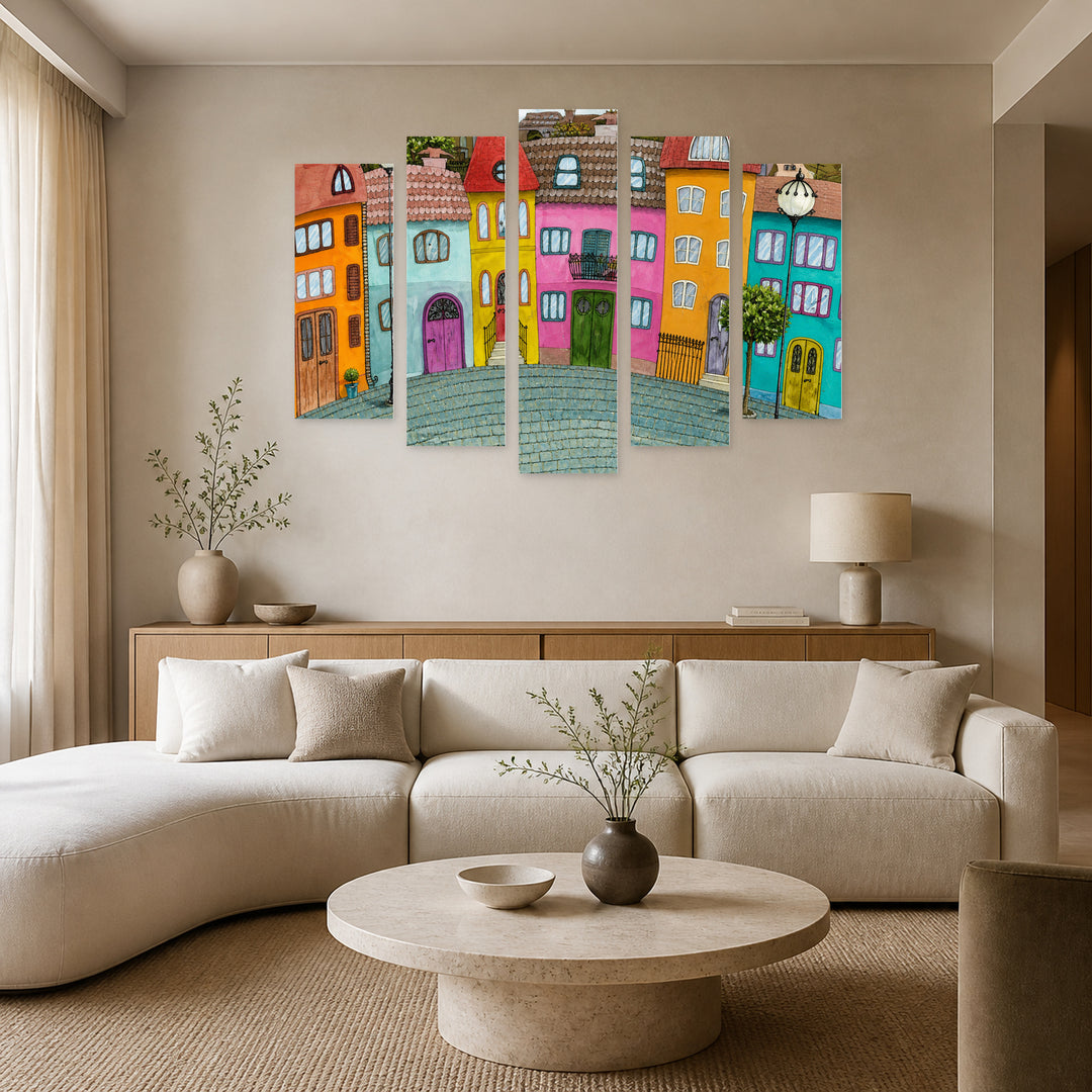 Illustrated Street in Blue and Gold — five-panel wall art in alternate frontal interior | 5wallart 55802 M4