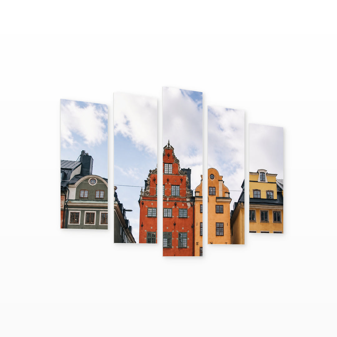 House Facades with Geometric Rhythm — five-panel wall art on white background in perspective | 5wallart 55803 M1