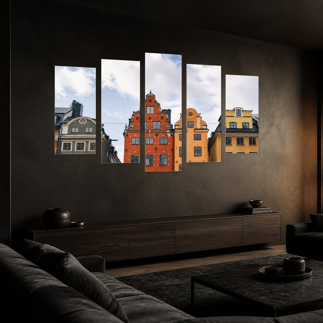 House Facades with Geometric Rhythm — five-panel wall art in perspective interior | 5wallart 55803 M2