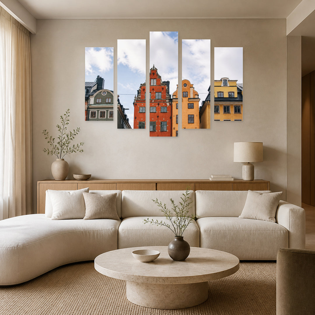House Facades with Geometric Rhythm — five-panel wall art in frontal interior | 5wallart 55803 M3
