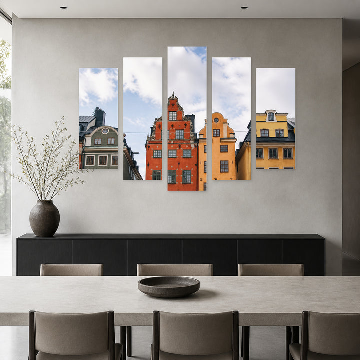 House Facades with Geometric Rhythm — five-panel wall art in alternate frontal interior | 5wallart 55803 M4