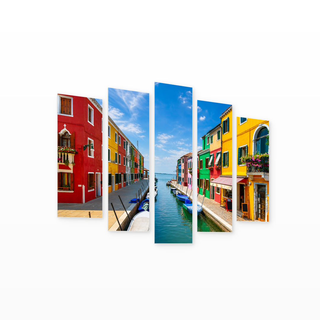 Colorful Houses and Boats with Dramatic Contrast — five-panel wall art on white background in perspective | 5wallart 55804 M1