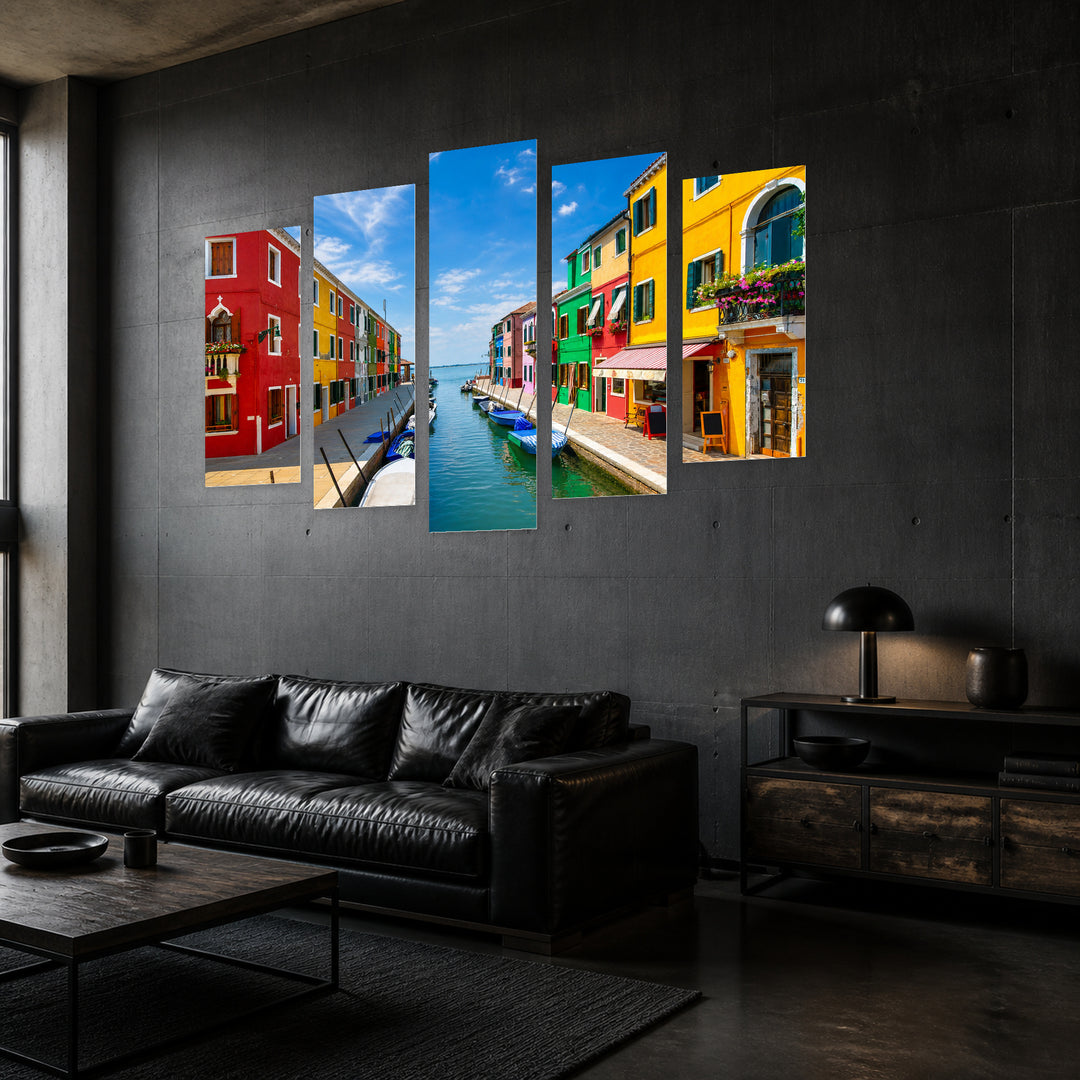 Colorful Houses and Boats with Dramatic Contrast — five-panel wall art in perspective interior | 5wallart 55804 M2