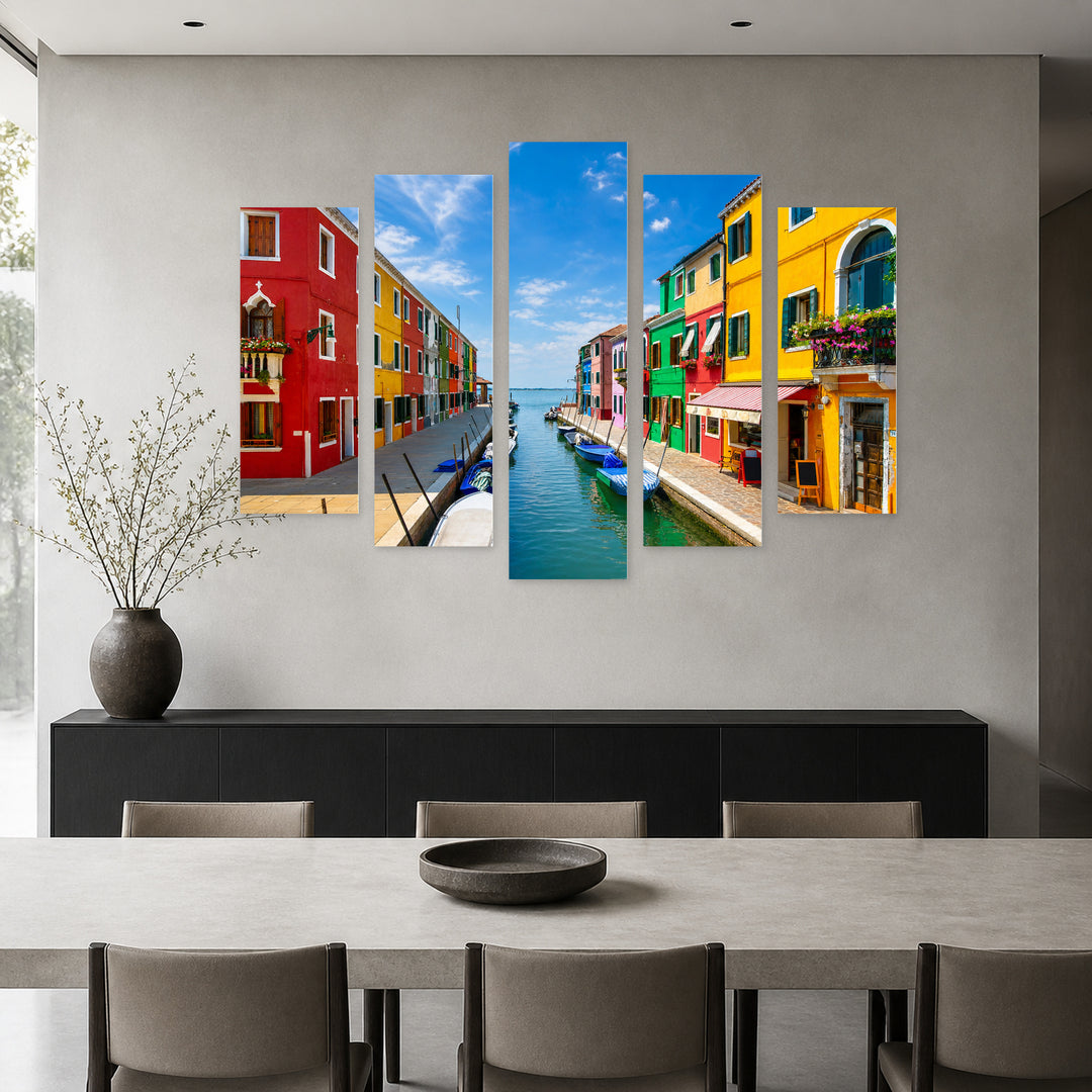 Colorful Houses and Boats with Dramatic Contrast — five-panel wall art in frontal interior | 5wallart 55804 M3