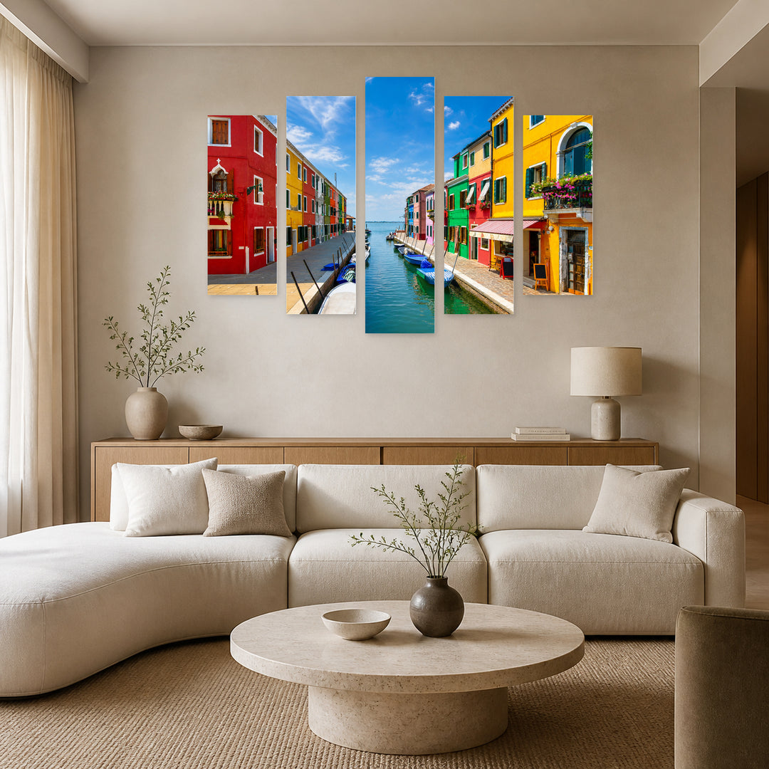 Colorful Houses and Boats with Dramatic Contrast — five-panel wall art in alternate frontal interior | 5wallart 55804 M4