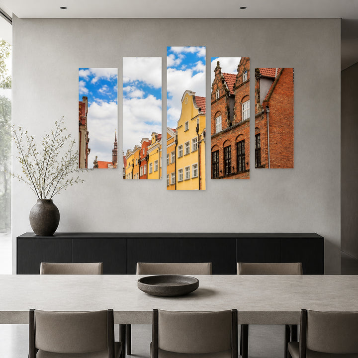 Facades of Old Buildings with Geometric Rhythm — five-panel wall art in alternate frontal interior | 5wallart 55805 M4