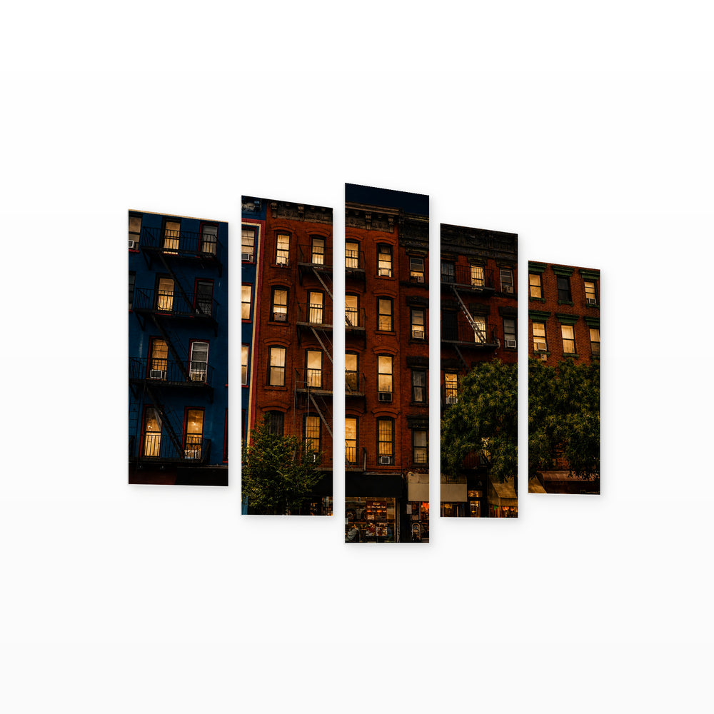 Retro Buildings in Brooklyn at Night — five-panel wall art on white background in perspective | 5wallart 55809 M1