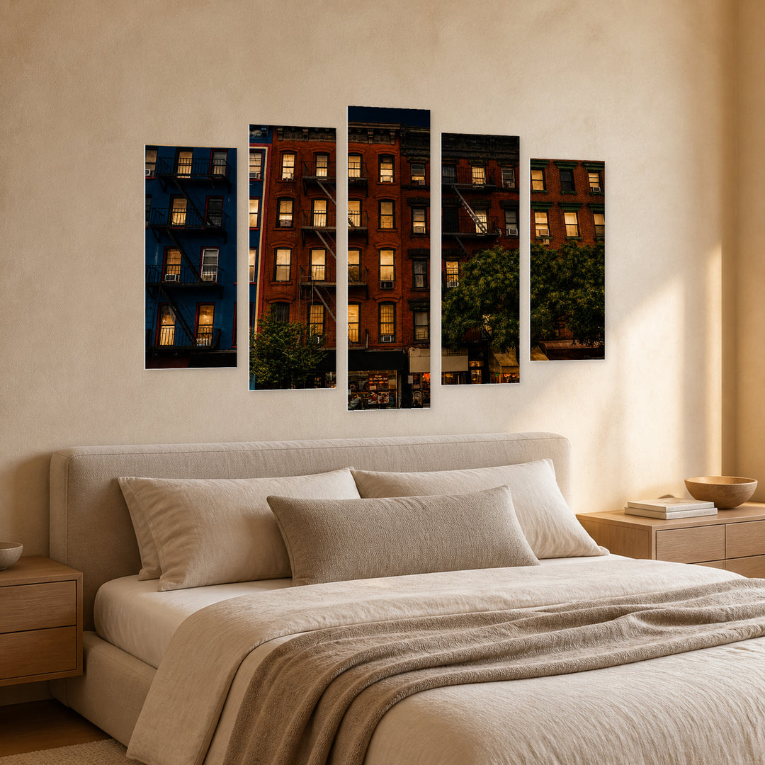 Retro Buildings in Brooklyn at Night — five-panel wall art in perspective interior | 5wallart 55809 M2