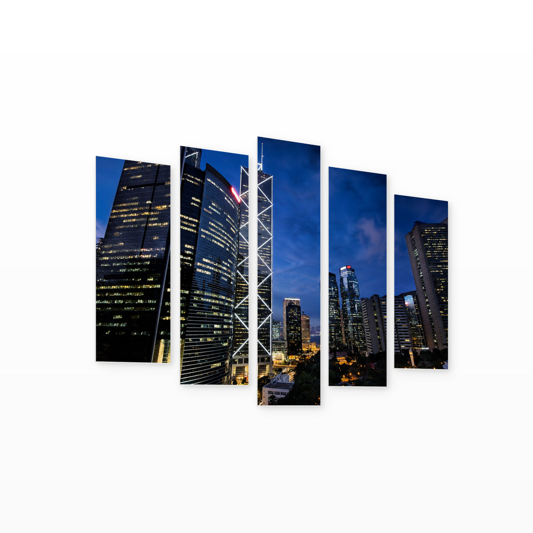 Office Buildings After Dark — five-panel wall art on white background in perspective | 5wallart 55812 M1