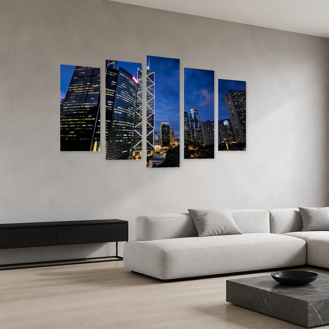 Office Buildings After Dark — five-panel wall art in perspective interior | 5wallart 55812 M2