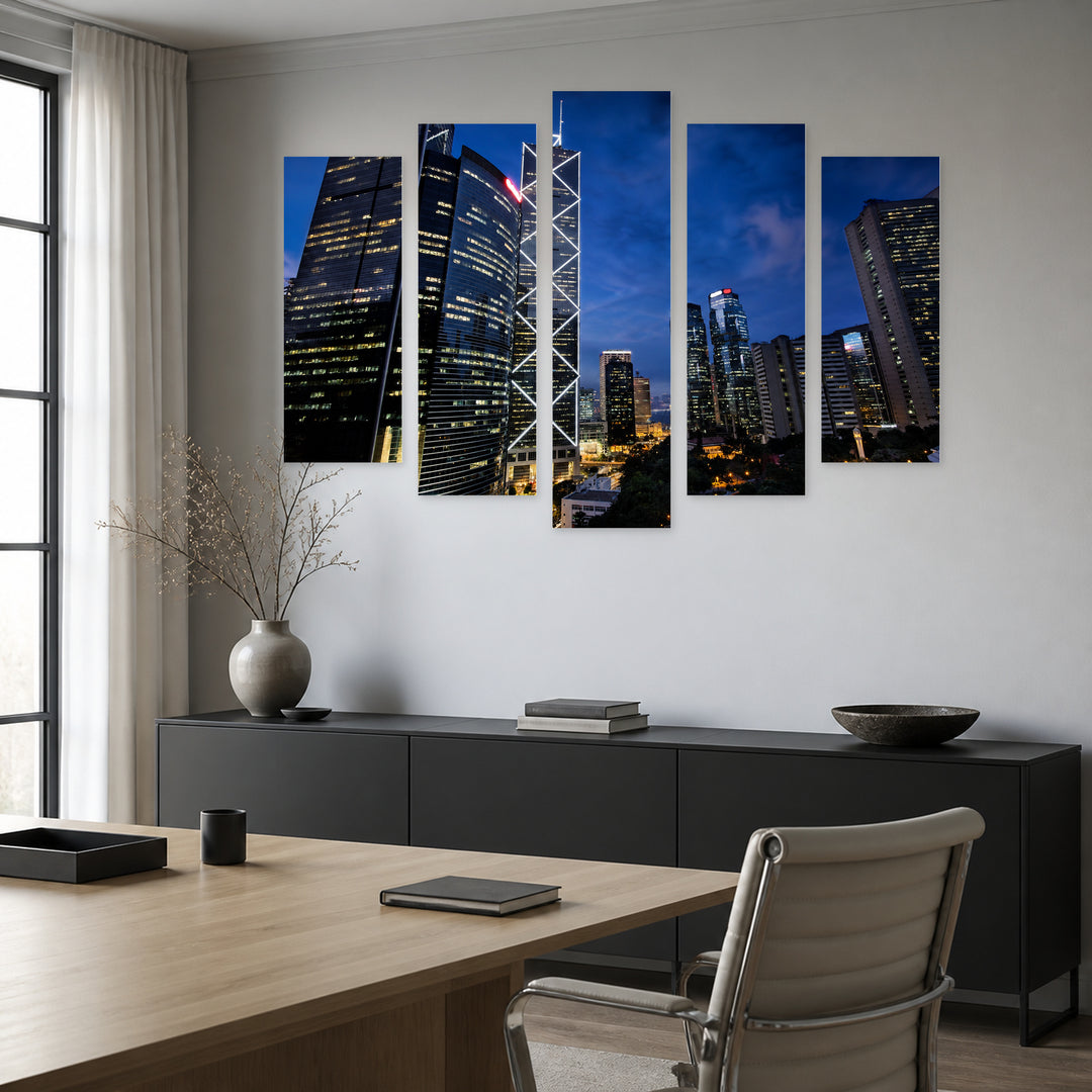 Office Buildings After Dark — five-panel wall art in frontal interior | 5wallart 55812 M3