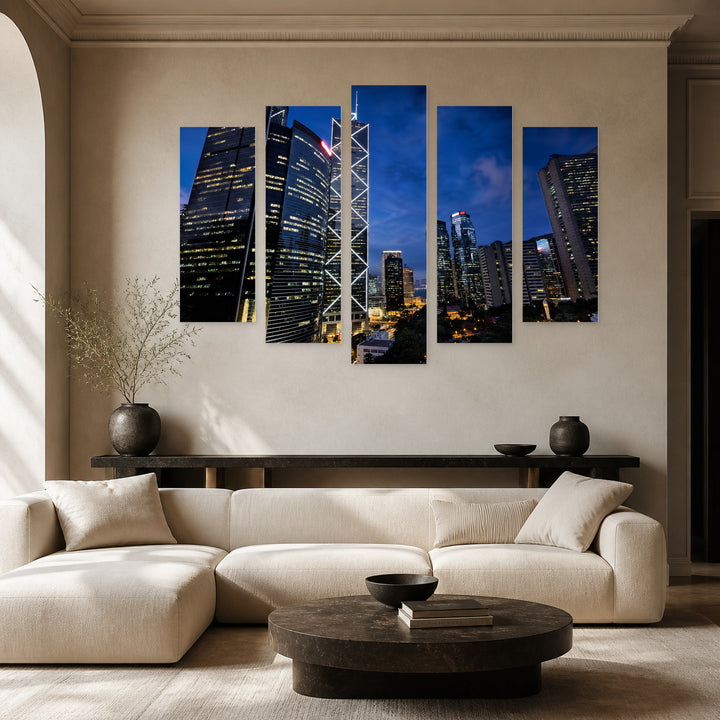 Office Buildings After Dark — five-panel wall art in alternate frontal interior | 5wallart 55812 M4
