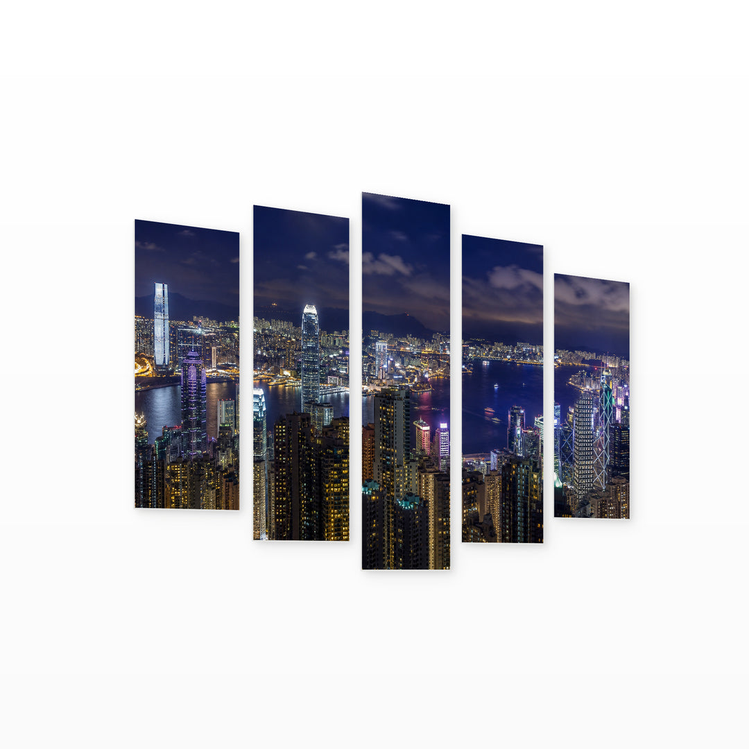 View of Hong Kong at Night — five-panel wall art on white background in perspective | 5wallart 55813 M1