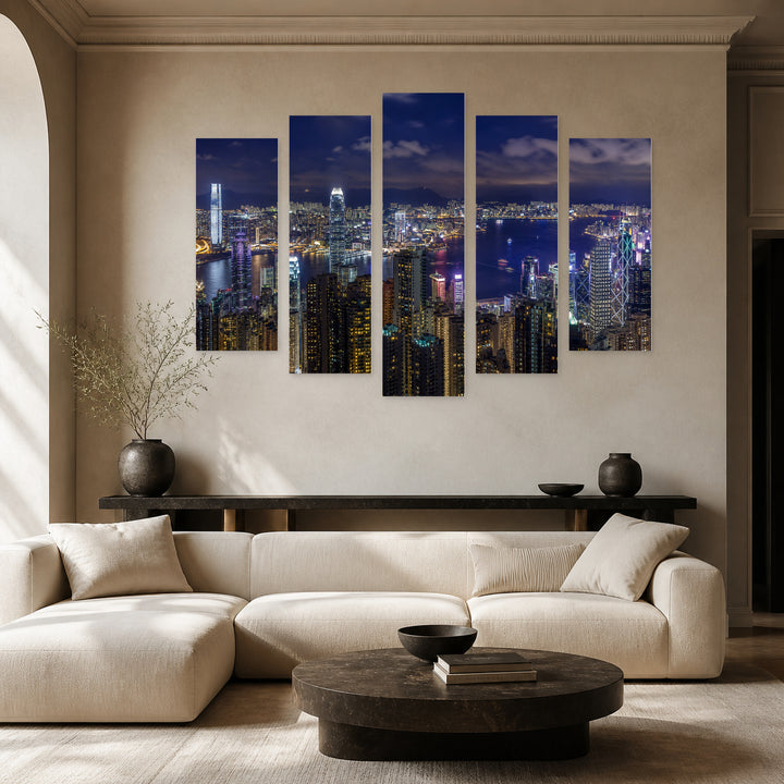 View of Hong Kong at Night — five-panel wall art in frontal interior | 5wallart 55813 M3