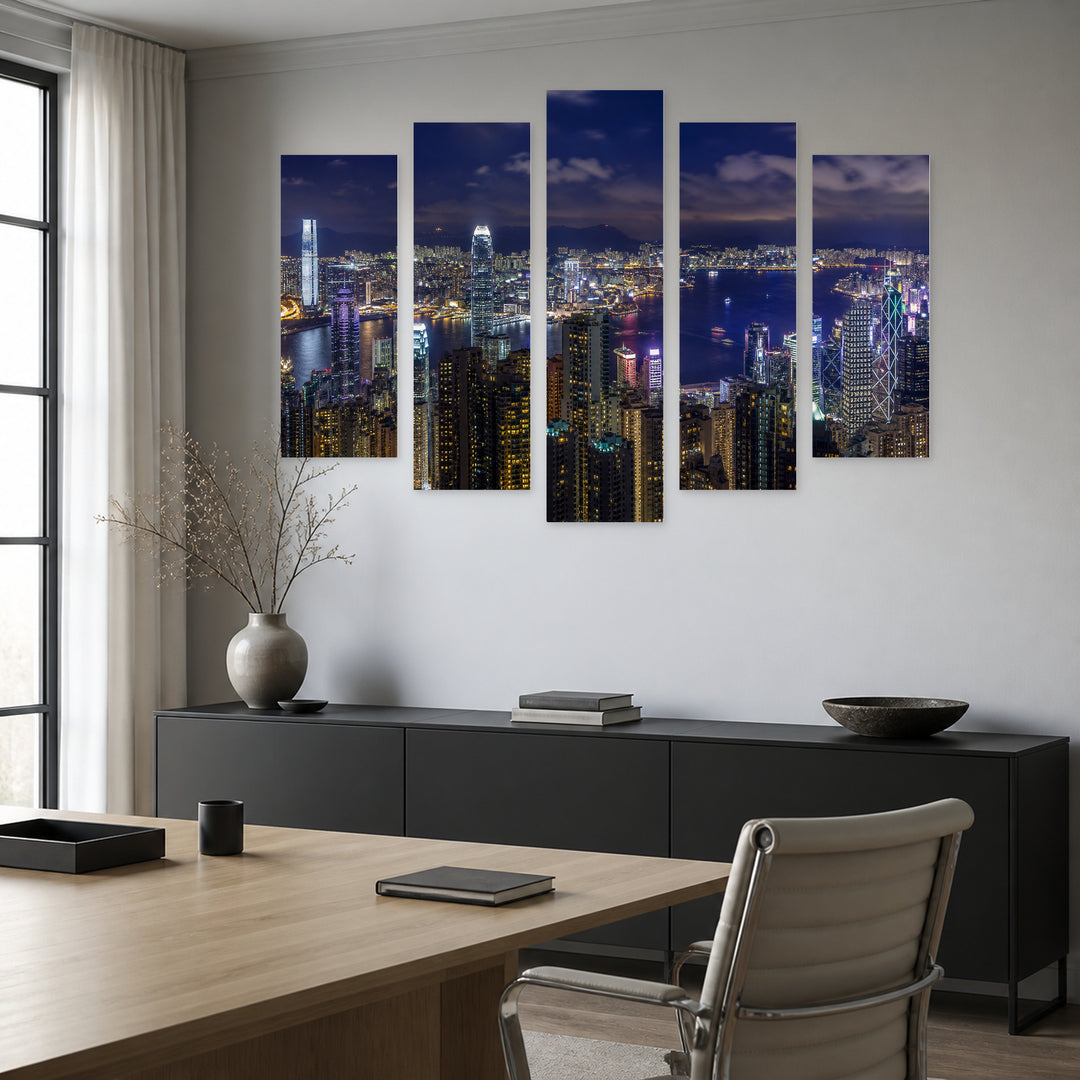View of Hong Kong at Night — five-panel wall art in alternate frontal interior | 5wallart 55813 M4