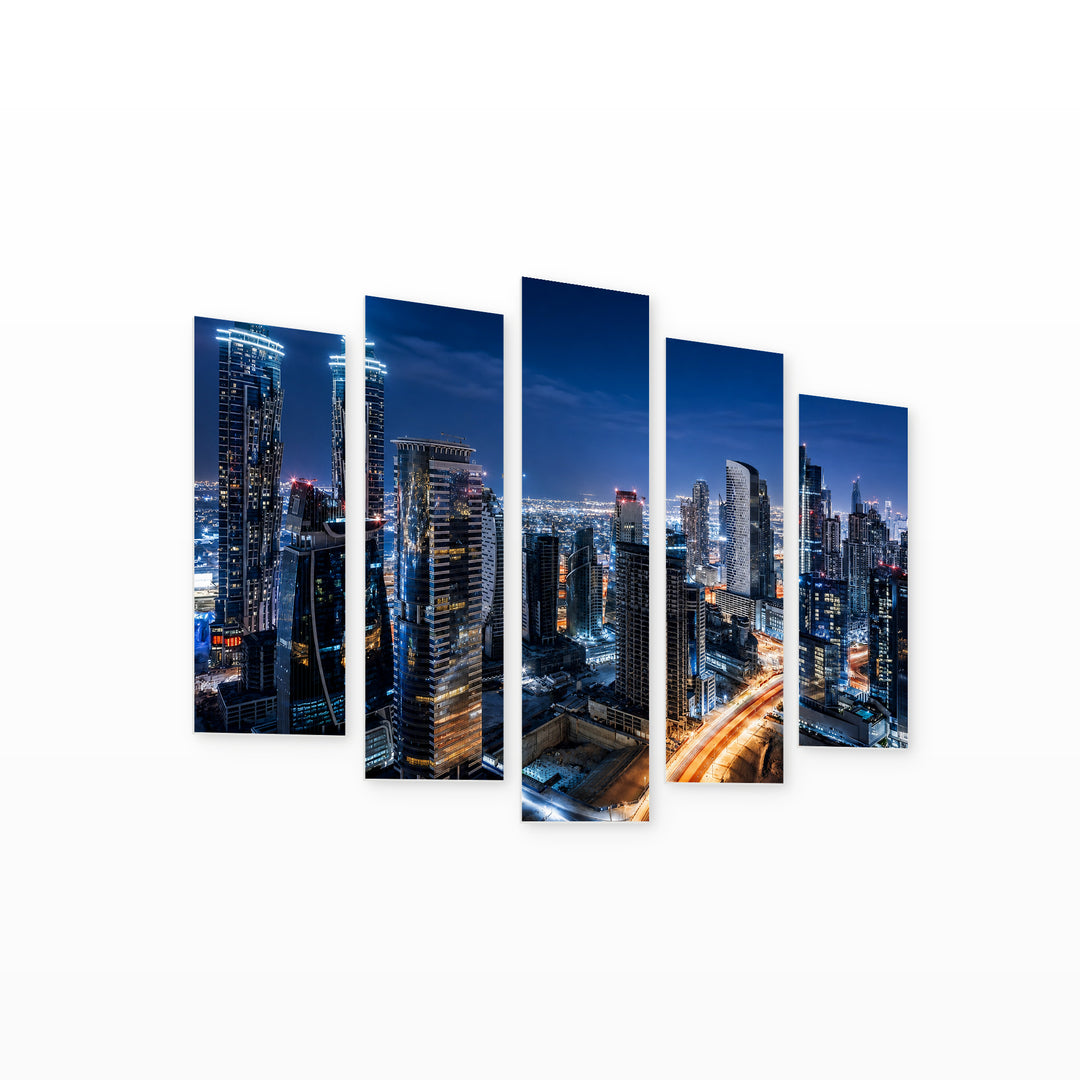 Night View of Downtown Dubai Urban Panorama — five-panel wall art on white background in perspective | 5wallart 55814 M1