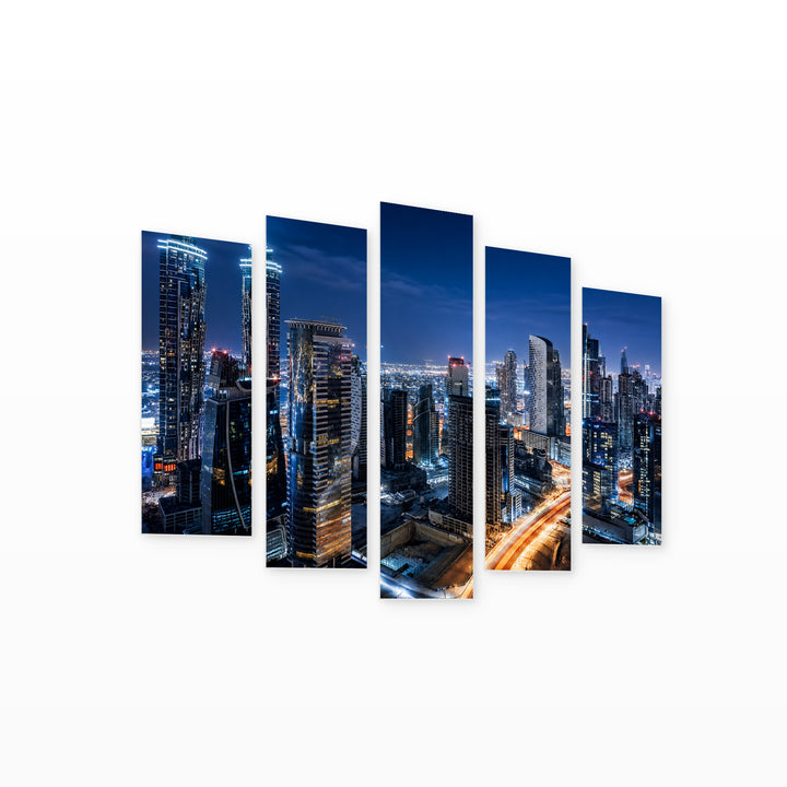 Night View of Downtown Dubai Urban Panorama — five-panel wall art on white background in perspective | 5wallart 55814 M1