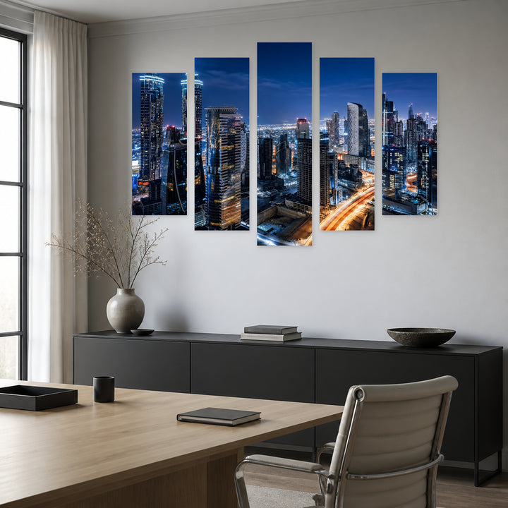 Night View of Downtown Dubai Urban Panorama — five-panel wall art in frontal interior | 5wallart 55814 M3