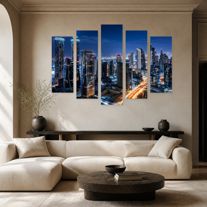Night View of Downtown Dubai Urban Panorama — five-panel wall art in alternate frontal interior | 5wallart 55814 M4
