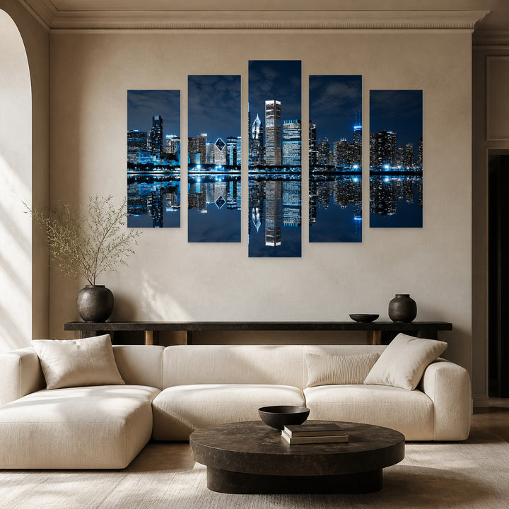 Chicago Downtown After Dark — five-panel wall art in frontal interior | 5wallart 55815 M3