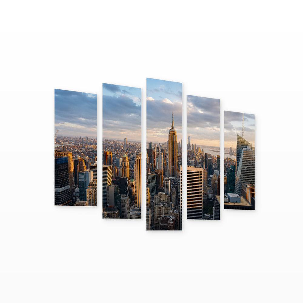 Buildings in New York in Blue and Gold — five-panel wall art on white background in perspective | 5wallart 55816 M1