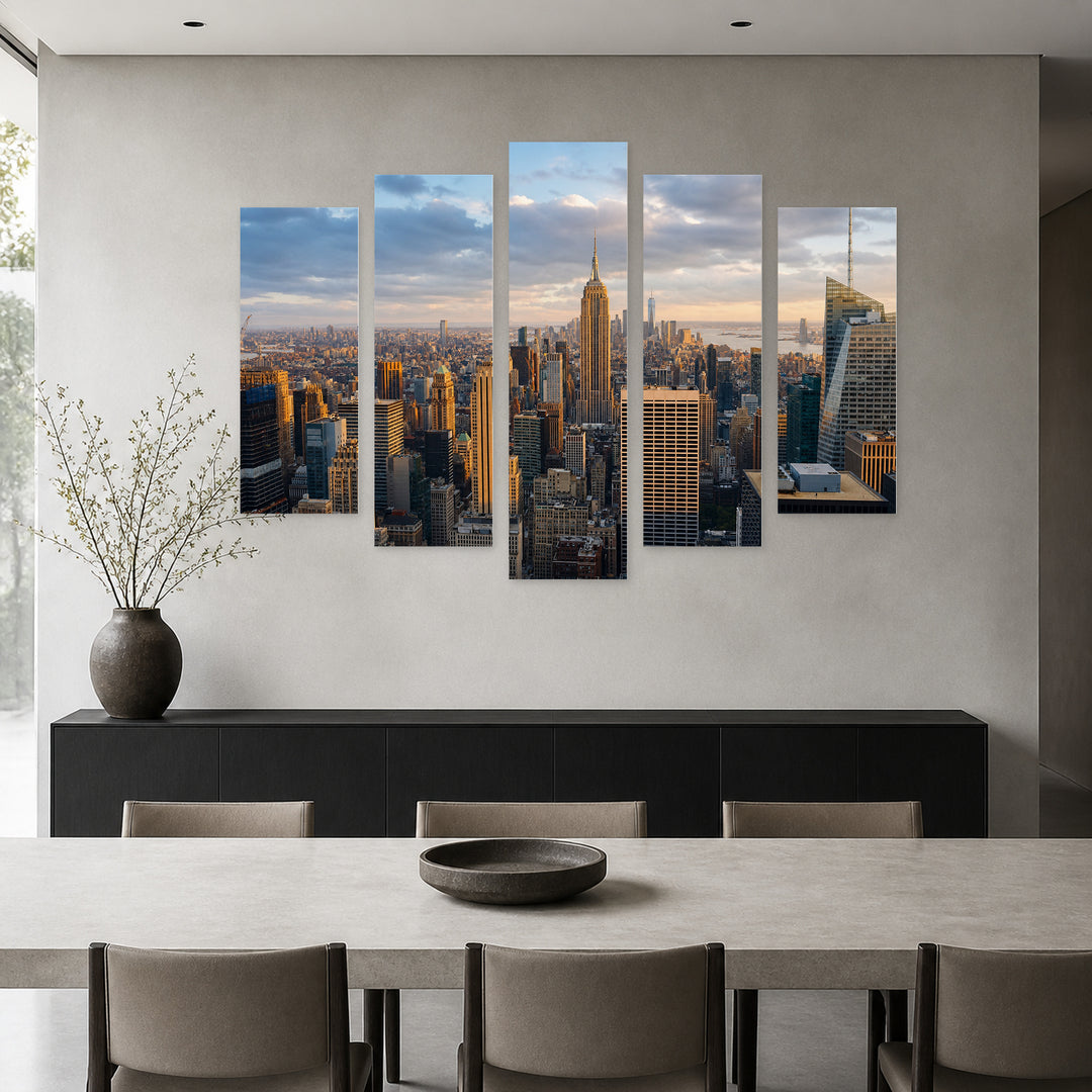 Buildings in New York in Blue and Gold — five-panel wall art in frontal interior | 5wallart 55816 M3