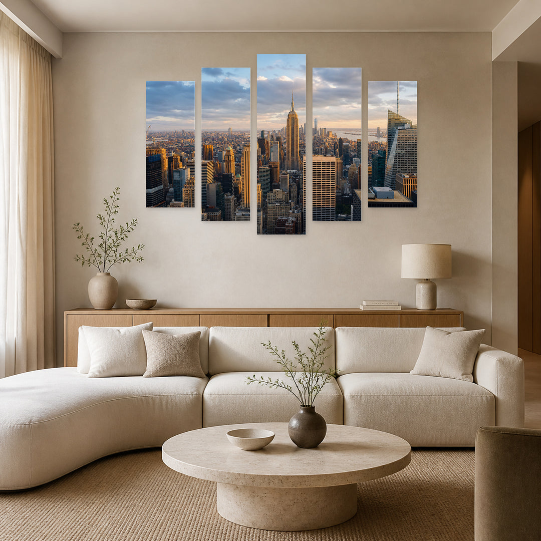 Buildings in New York in Blue and Gold — five-panel wall art in alternate frontal interior | 5wallart 55816 M4