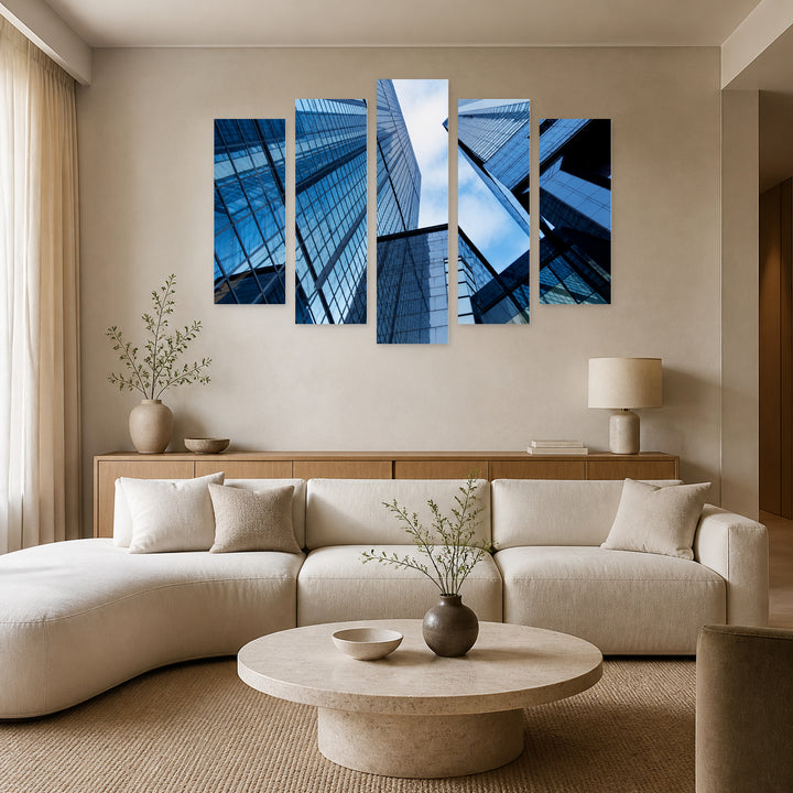 Office Buildings with Geometric Rhythm — five-panel wall art in frontal interior | 5wallart 55817 M3