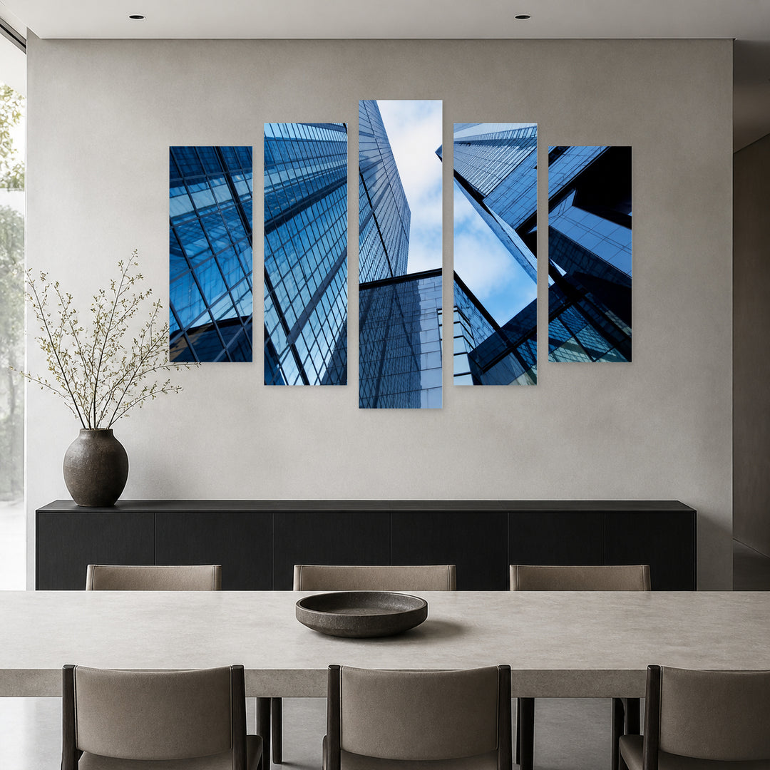 Office Buildings with Geometric Rhythm — five-panel wall art in alternate frontal interior | 5wallart 55817 M4