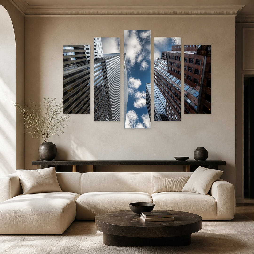 Skyscrapers and Sky with Dramatic Contrast — five-panel wall art in frontal interior | 5wallart 55819 M3
