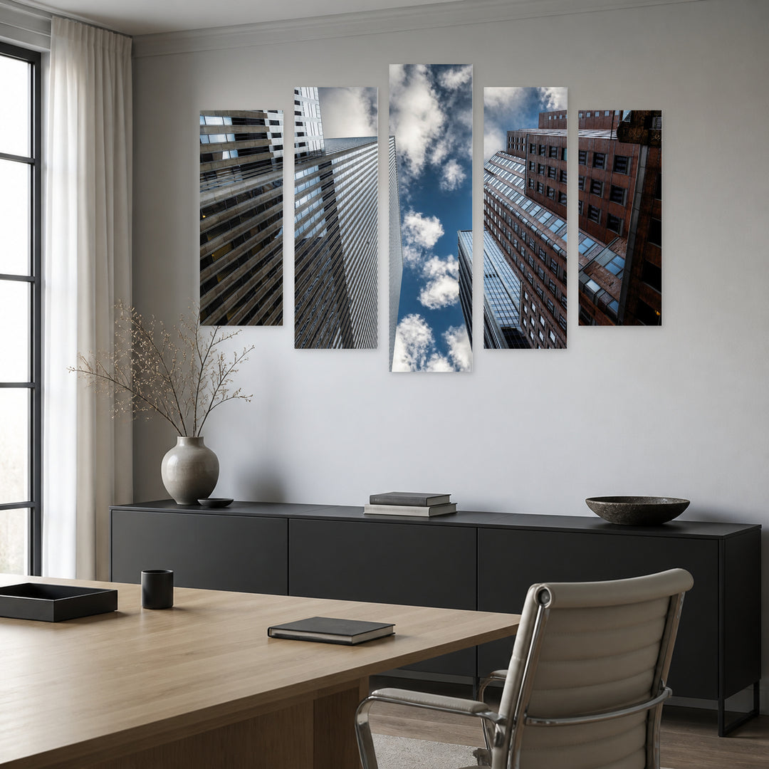 Skyscrapers and Sky with Dramatic Contrast — five-panel wall art in alternate frontal interior | 5wallart 55819 M4