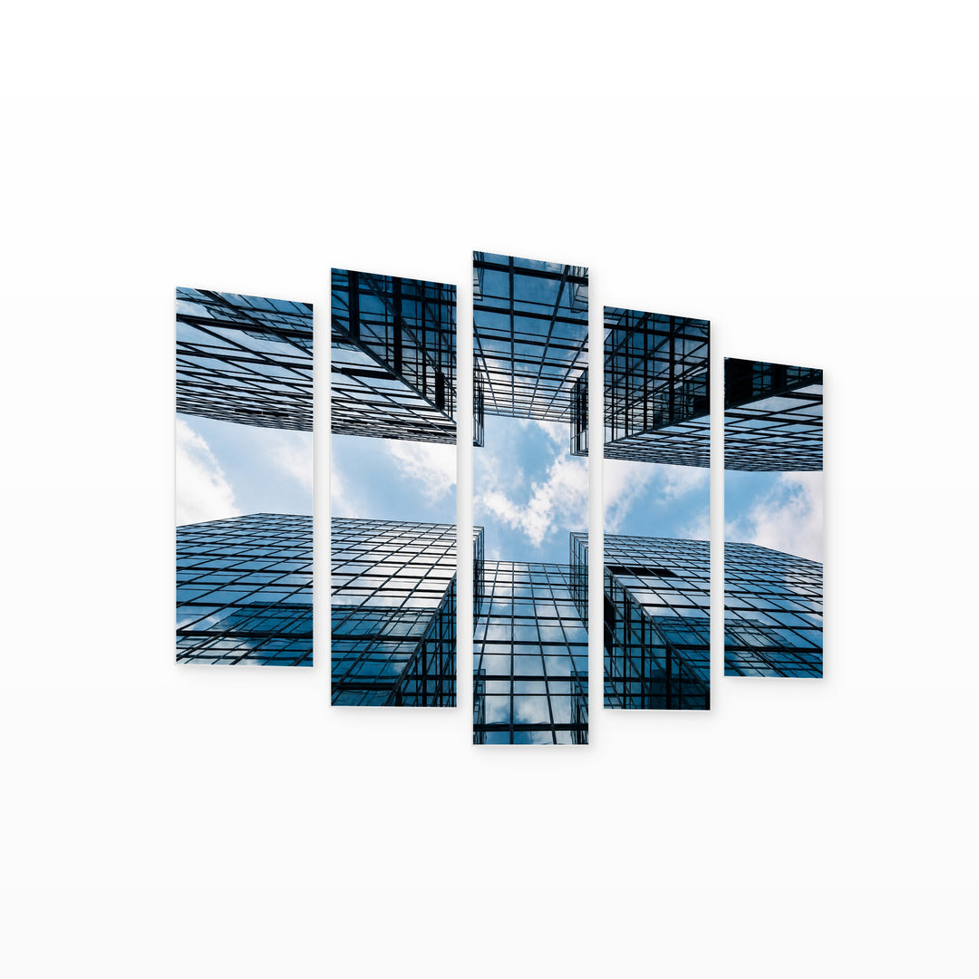 Glass Commercial Buildings in Hong Kong Urban Panorama — five-panel wall art on white background in perspective | 5wallart 55820 M1