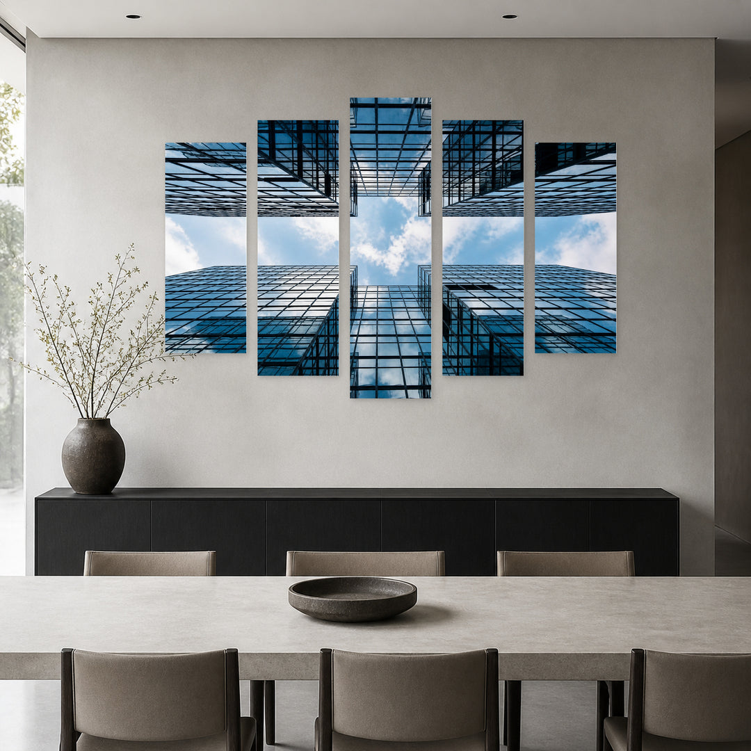 Glass Commercial Buildings in Hong Kong Urban Panorama — five-panel wall art in frontal interior | 5wallart 55820 M3