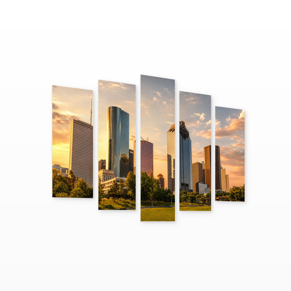View of Houston at Golden Sunset — five-panel wall art on white background in perspective | 5wallart 55821 M1