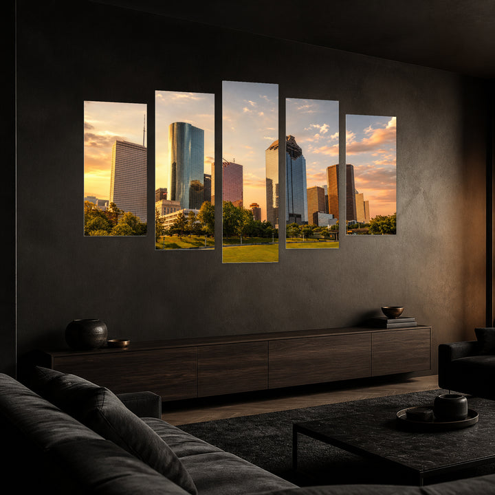 View of Houston at Golden Sunset — five-panel wall art in perspective interior | 5wallart 55821 M2