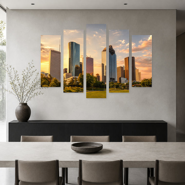 View of Houston at Golden Sunset — five-panel wall art in alternate frontal interior | 5wallart 55821 M4