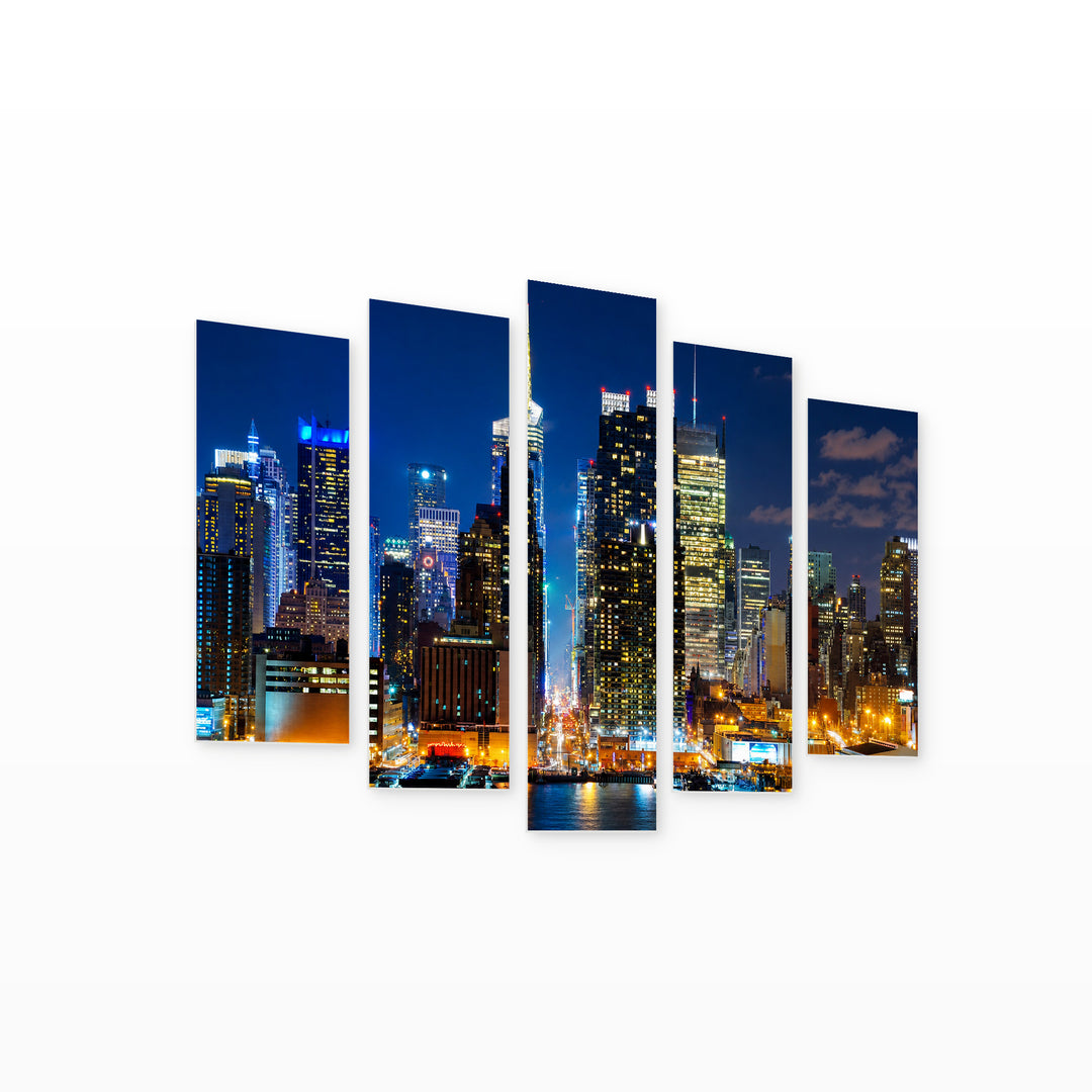 Nighttime Manhattan in Blue and Gold — five-panel wall art on white background in perspective | 5wallart 55822 M1