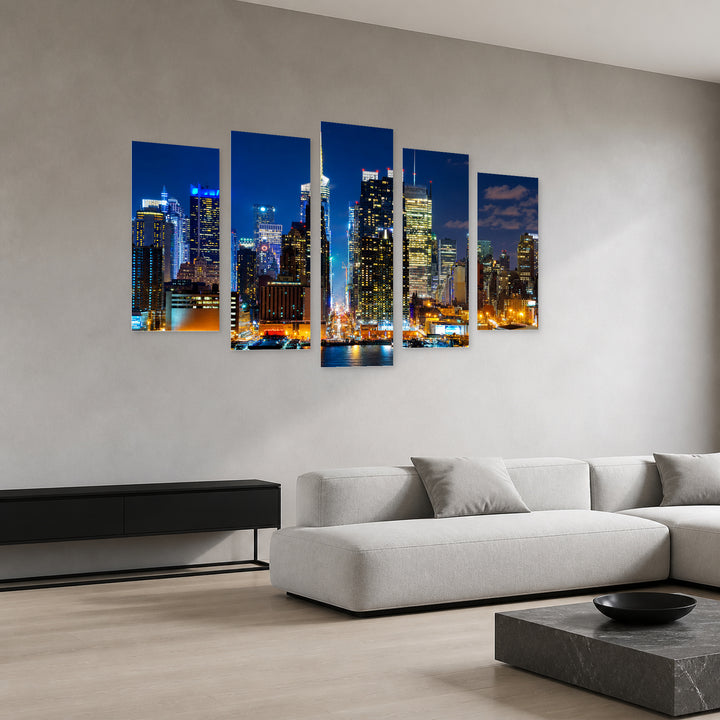 Nighttime Manhattan in Blue and Gold — five-panel wall art in perspective interior | 5wallart 55822 M2